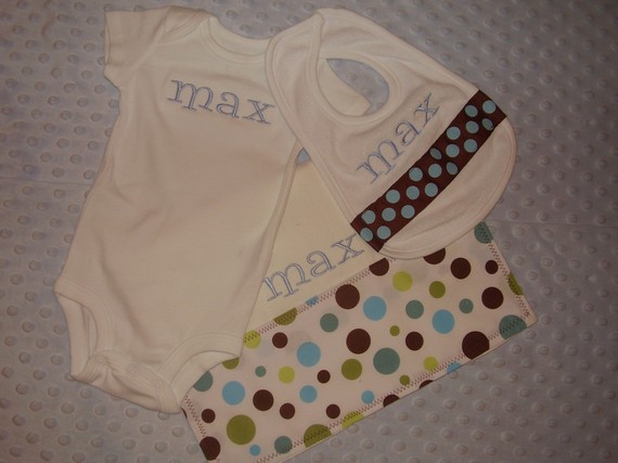 Blue and Brown Baby Boy Gift Set-onesie, bib, burp cloth, personalized